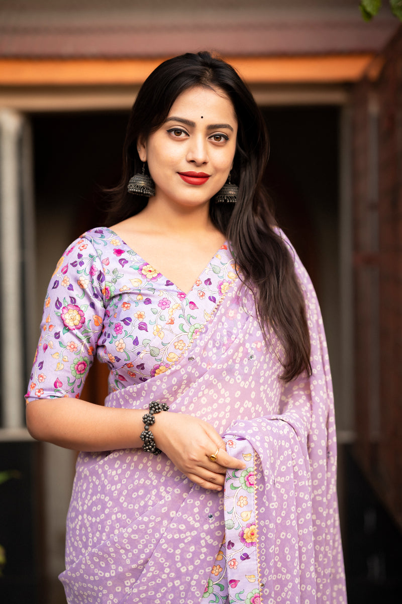 Bandhej Georgette Saree with Kalamkari Accents & Designer Blouse