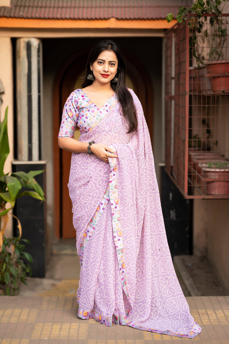 Bandhej Georgette Saree with Kalamkari Accents & Designer Blouse