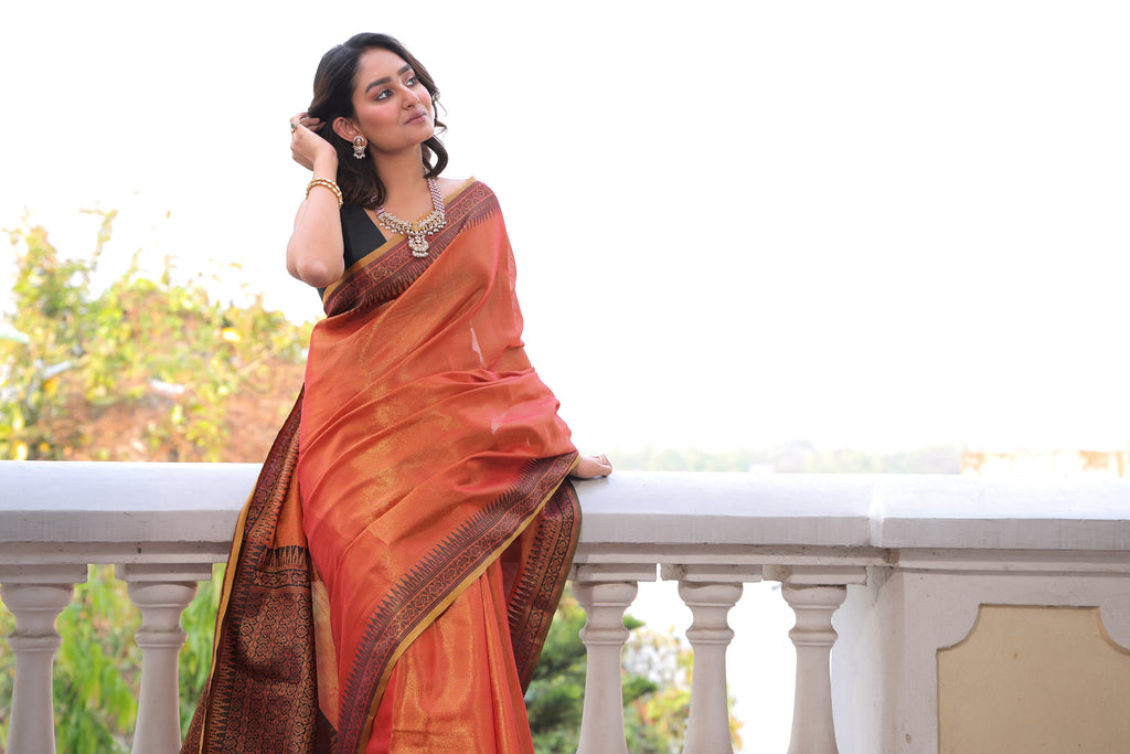 Tissue Silk Saree with Handloom Style Pallu & Weaving Border