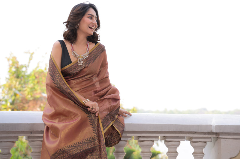 Tissue Silk Saree with Handloom Style Pallu & Weaving Border