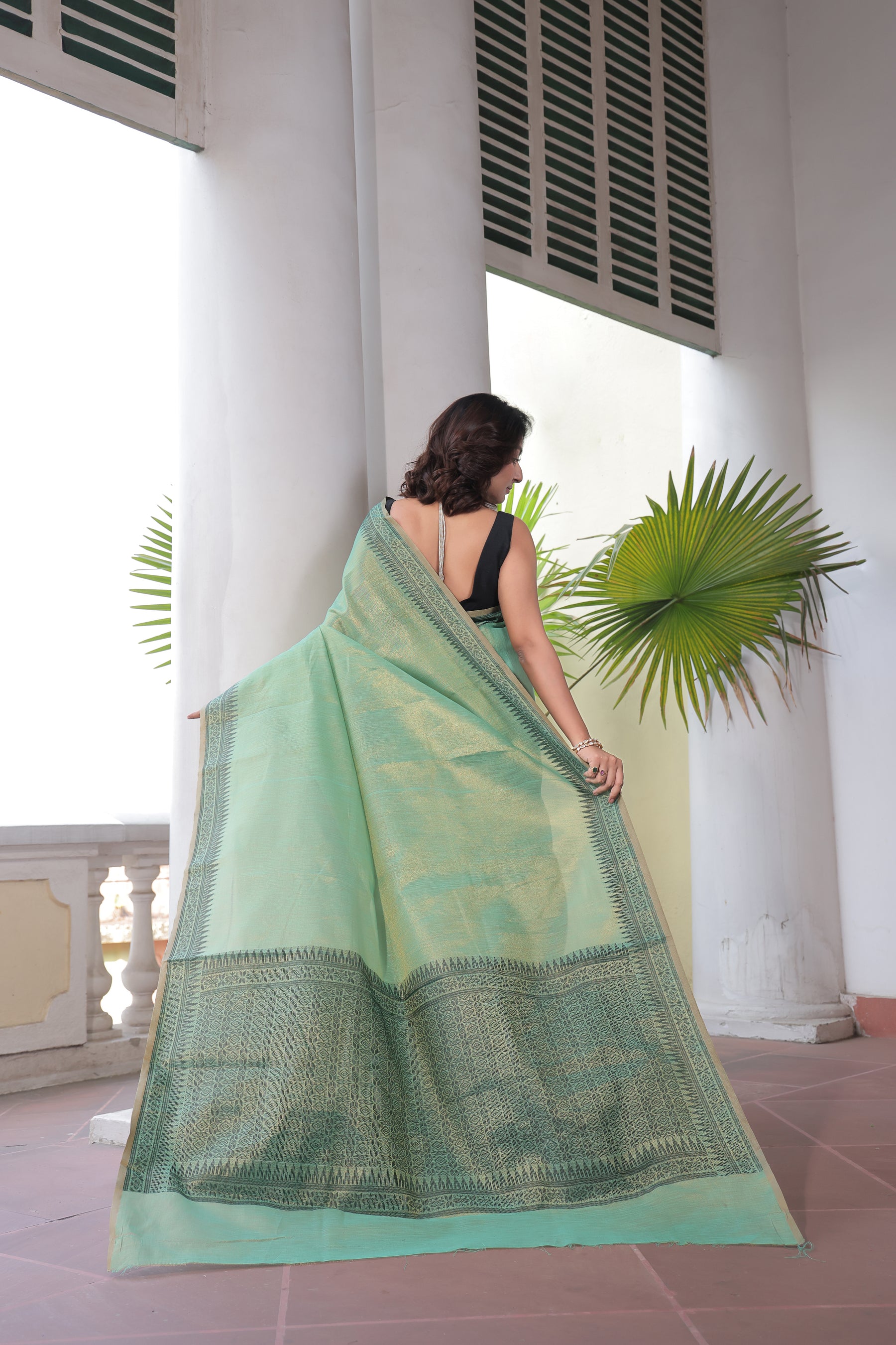 Linen Tissue Silk Saree with Handloom Style Pallu & Weaving Border