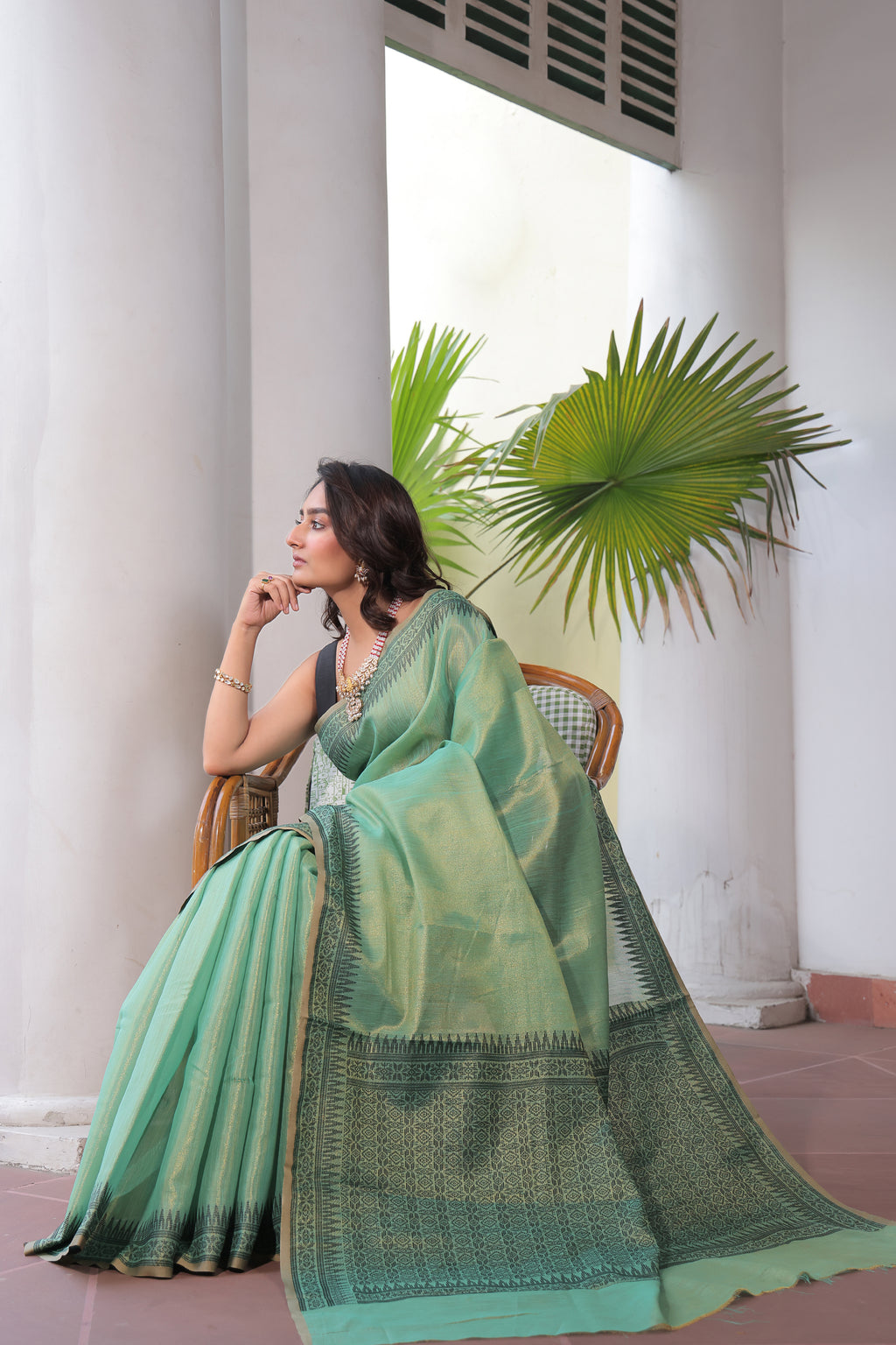 Tissue Silk Saree with Handloom Style Pallu & Weaving Border