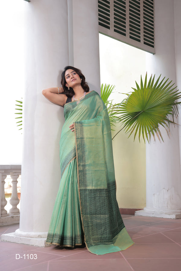 Tissue Silk Saree with Handloom Style Pallu & Weaving Border