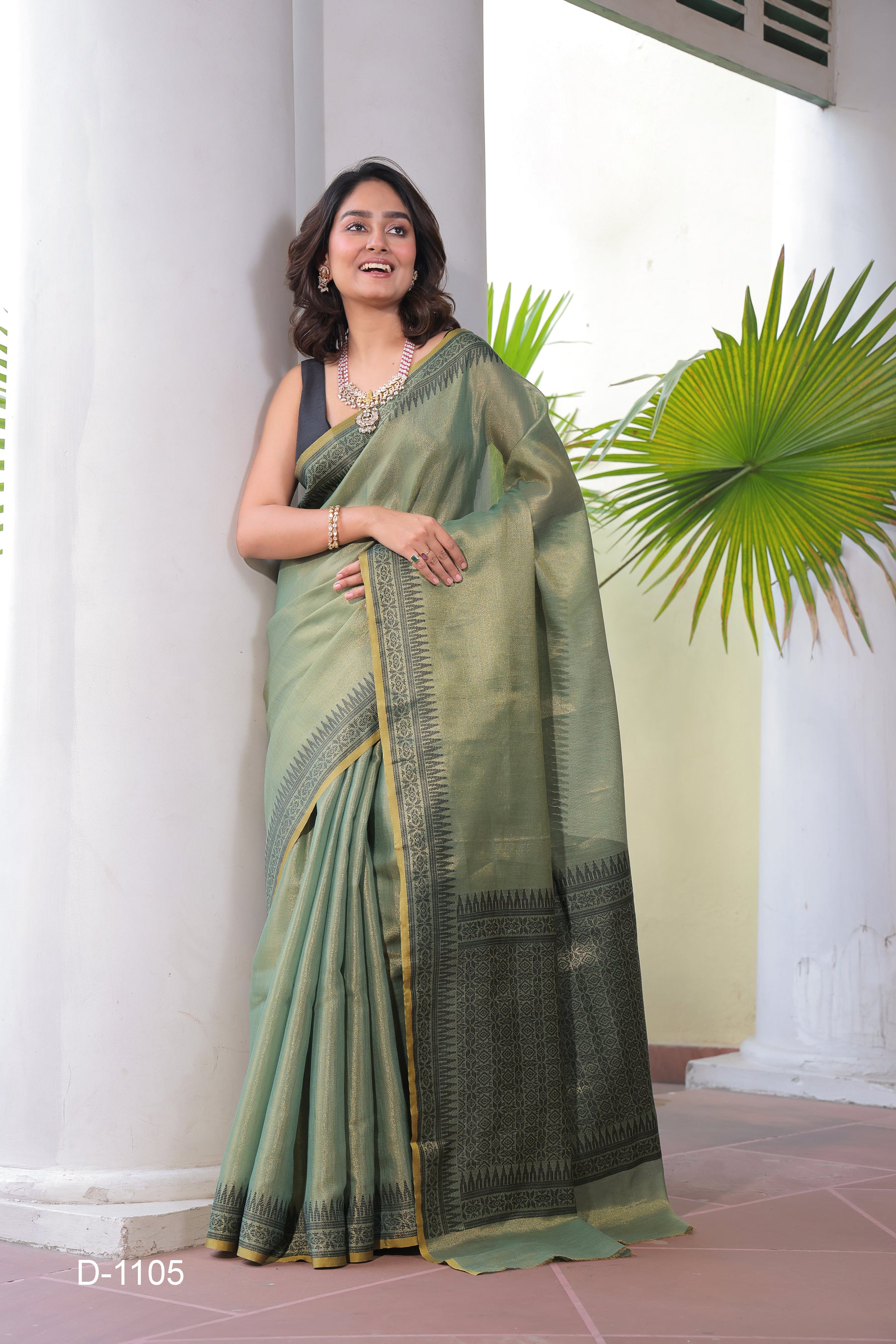 Linen Tissue Silk Saree with Handloom Style Pallu & Weaving Border