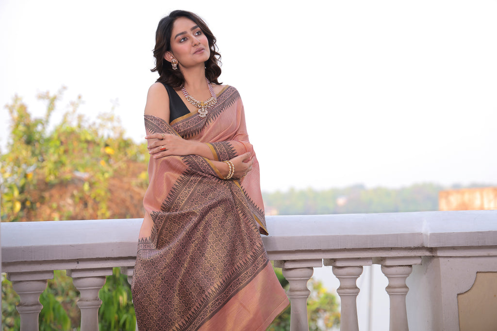 Tissue Silk Saree with Handloom Style Pallu & Weaving Border
