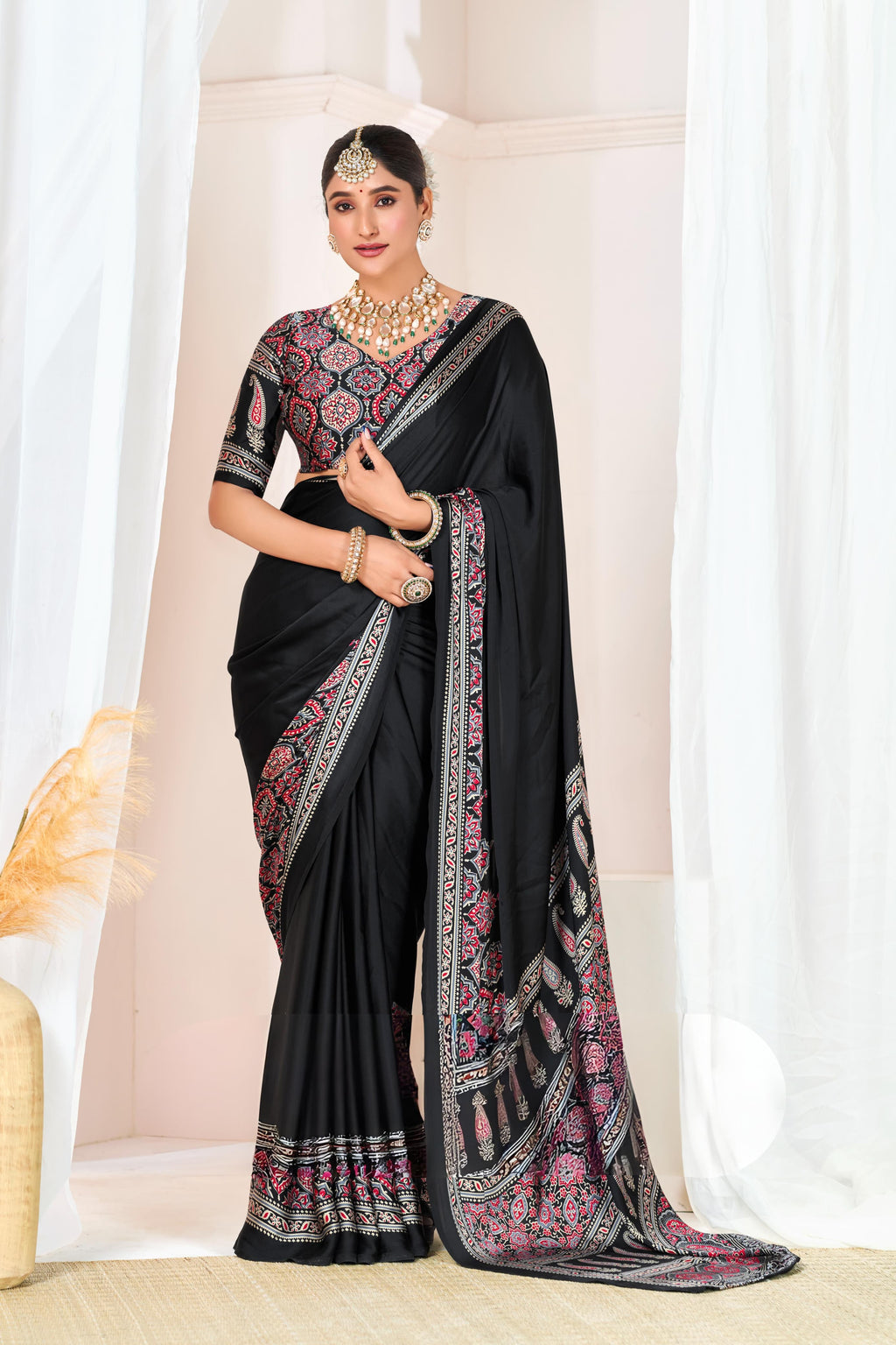 Soft Crape Silk Saree with All-Over Ajrakh Print and Matching Blouse