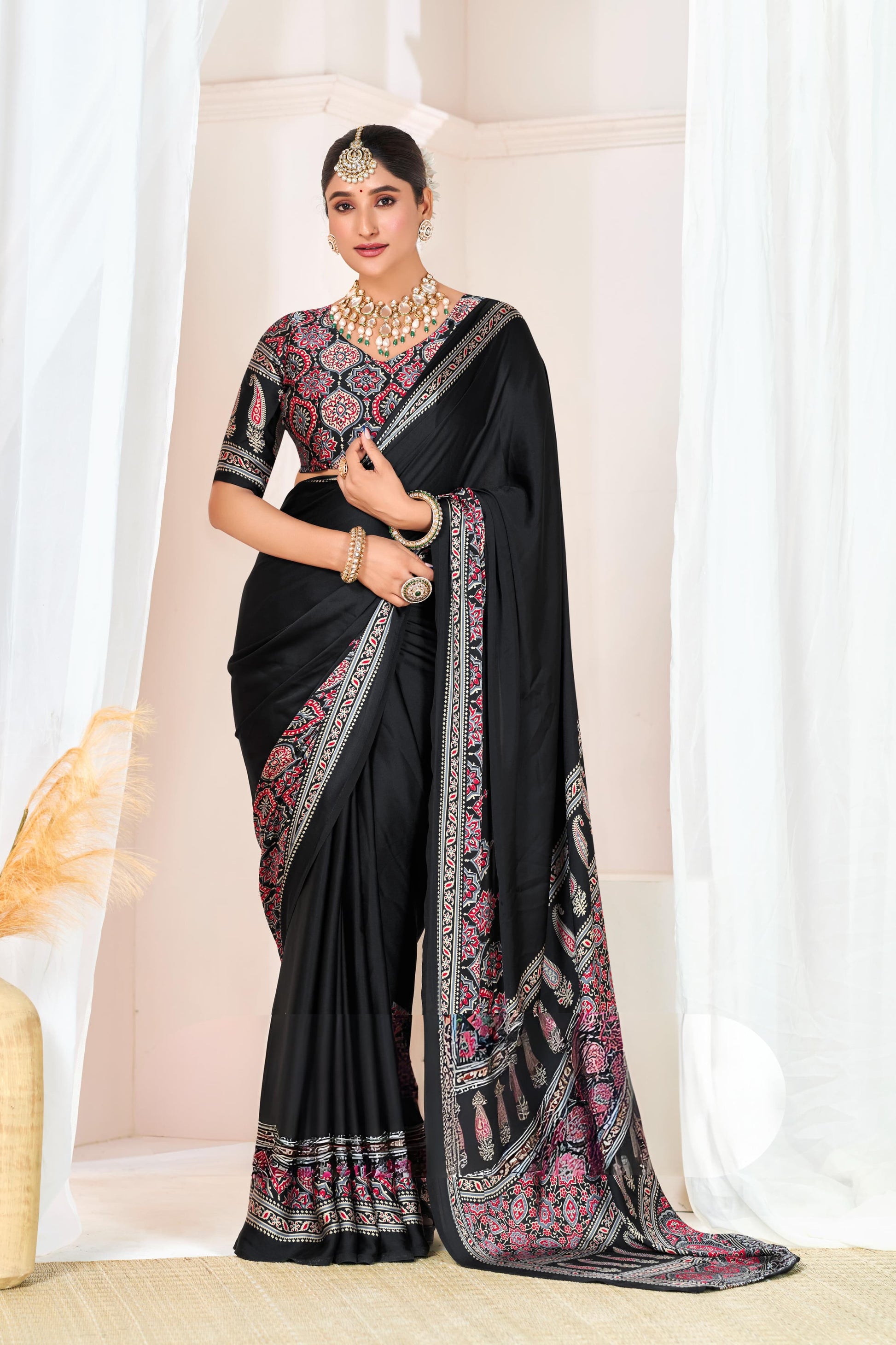 Soft Crape Silk Saree with All-Over Ajrakh Print and Matching Blouse