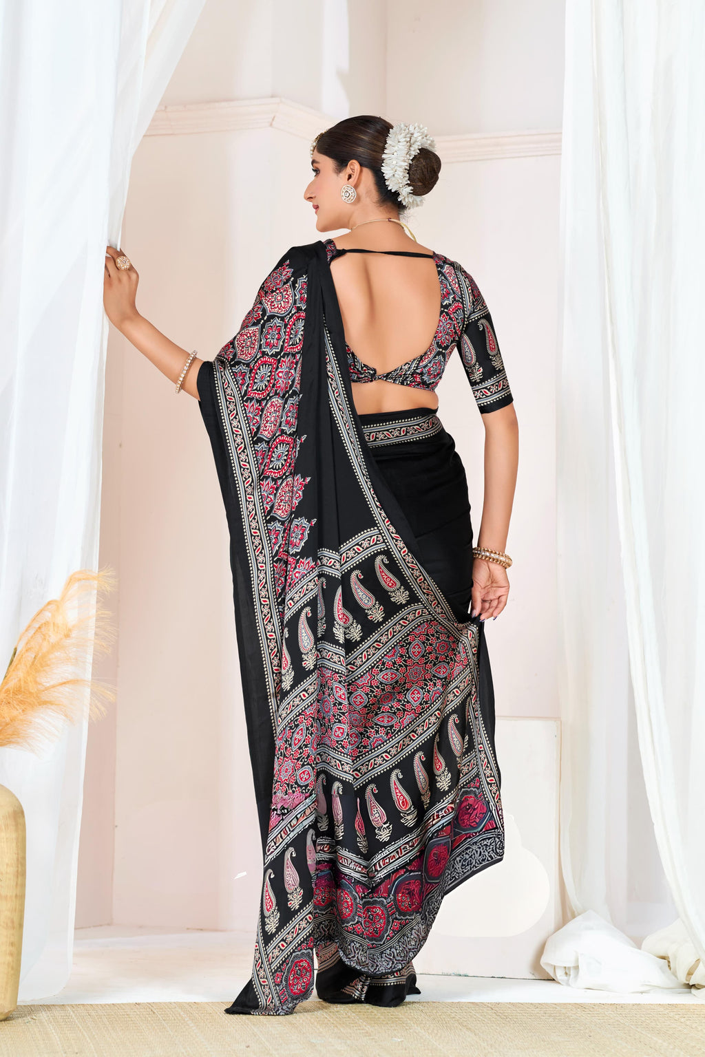 Soft Crape Silk Saree with All-Over Ajrakh Print and Matching Blouse