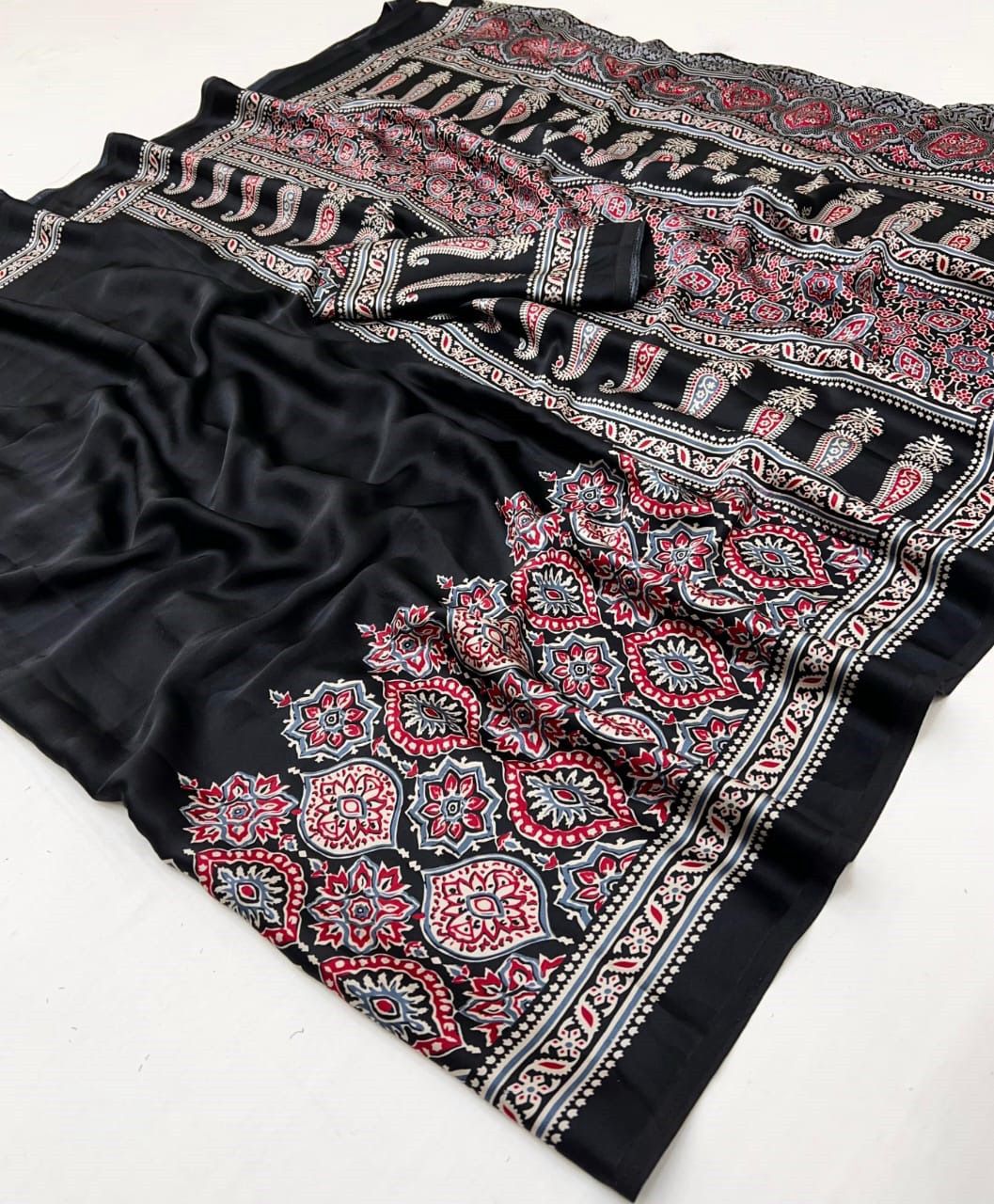 Soft Crape Silk Saree with All-Over Ajrakh Print and Matching Blouse