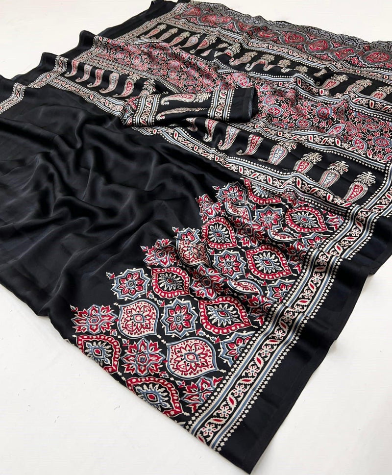 Soft Crape Silk Saree with All-Over Ajrakh Print and Matching Blouse