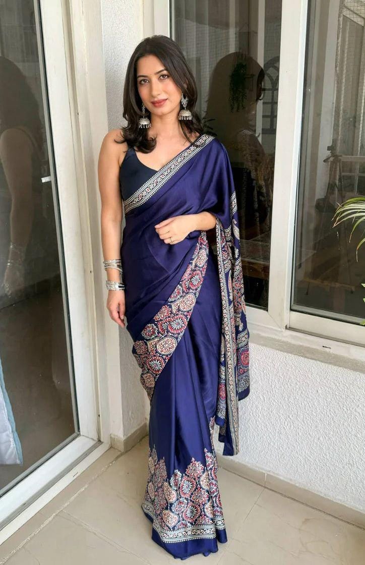 Soft Crape Silk Saree with All-Over Ajrakh Print and Matching Blouse