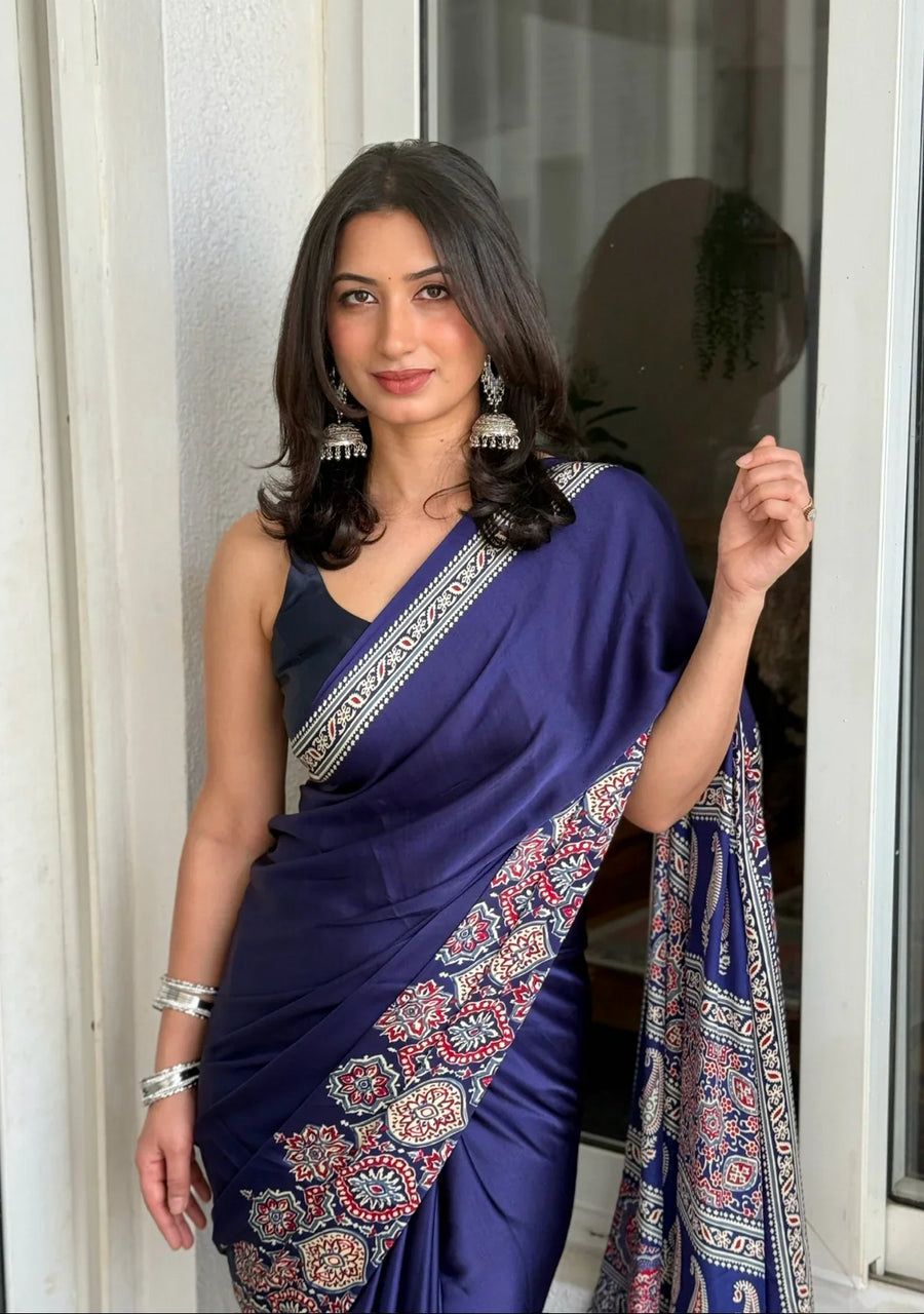 Soft Crape Silk Saree with All-Over Ajrakh Print and Matching Blouse