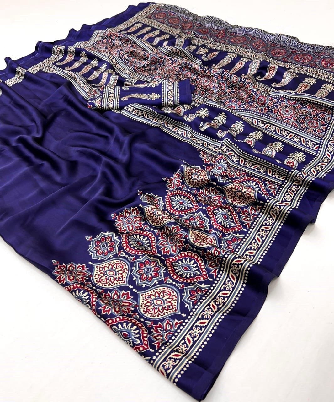 Soft Crape Silk Saree with All-Over Ajrakh Print and Matching Blouse