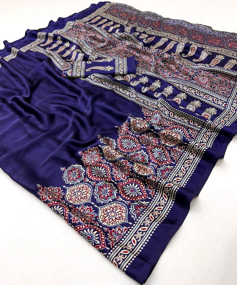 Soft Crape Silk Saree with All-Over Ajrakh Print and Matching Blouse