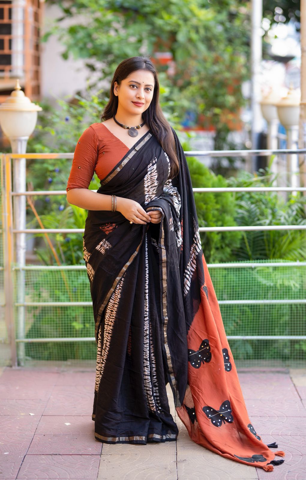 Magic Butterfly Pure Chanderi Cotton Saree | Shibori Tie-Dye Design with Aari Mirror Butterfly Patch Work | Premium Contrast Blouse