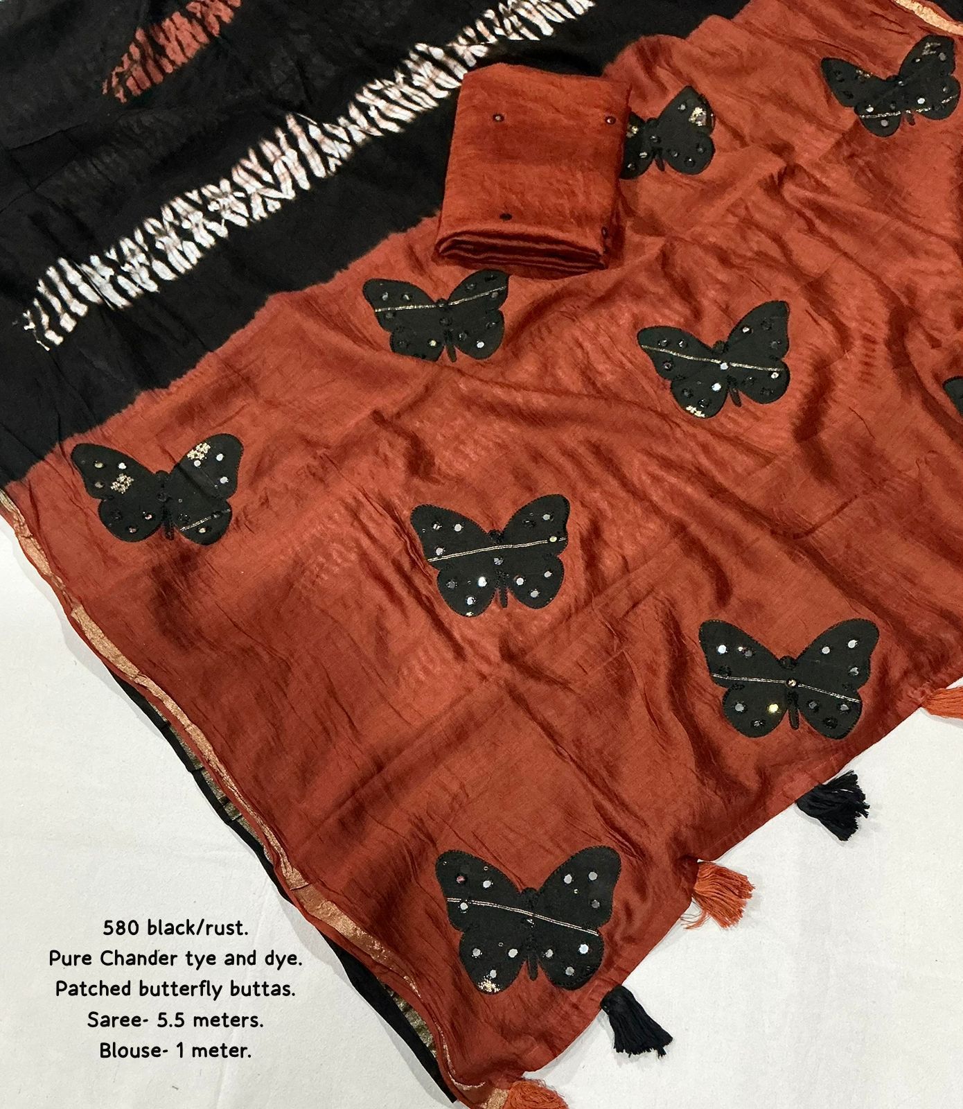 Magic Butterfly Pure Chanderi Cotton Saree | Shibori Tie-Dye Design with Aari Mirror Butterfly Patch Work | Premium Contrast Blouse