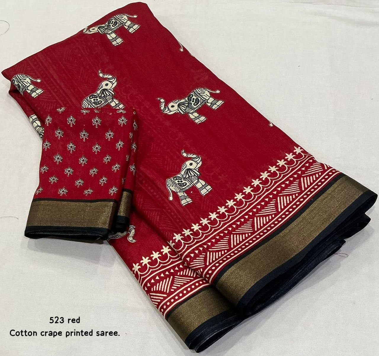 Red Bagru Printed Cotton Crape Saree | Soft Crape Saree with Zari Pattu Border & Running Blouse | Kadambari Collection