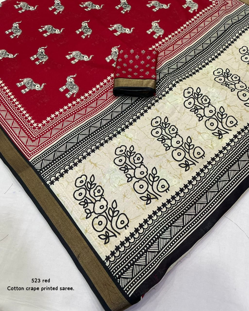 Red Bagru Printed Cotton Crape Saree | Soft Crape Saree with Zari Pattu Border & Running Blouse | Kadambari Collection