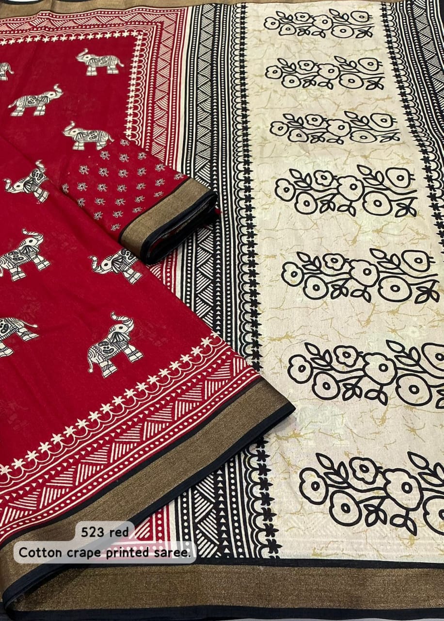 Red Bagru Printed Cotton Crape Saree | Soft Crape Saree with Zari Pattu Border & Running Blouse | Kadambari Collection