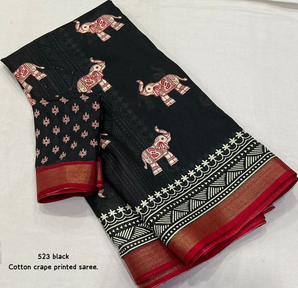 Black Bagru Printed Cotton Crape Saree | Soft Crape Saree with Zari Pattu Border & Running Blouse | Kadambari Collection