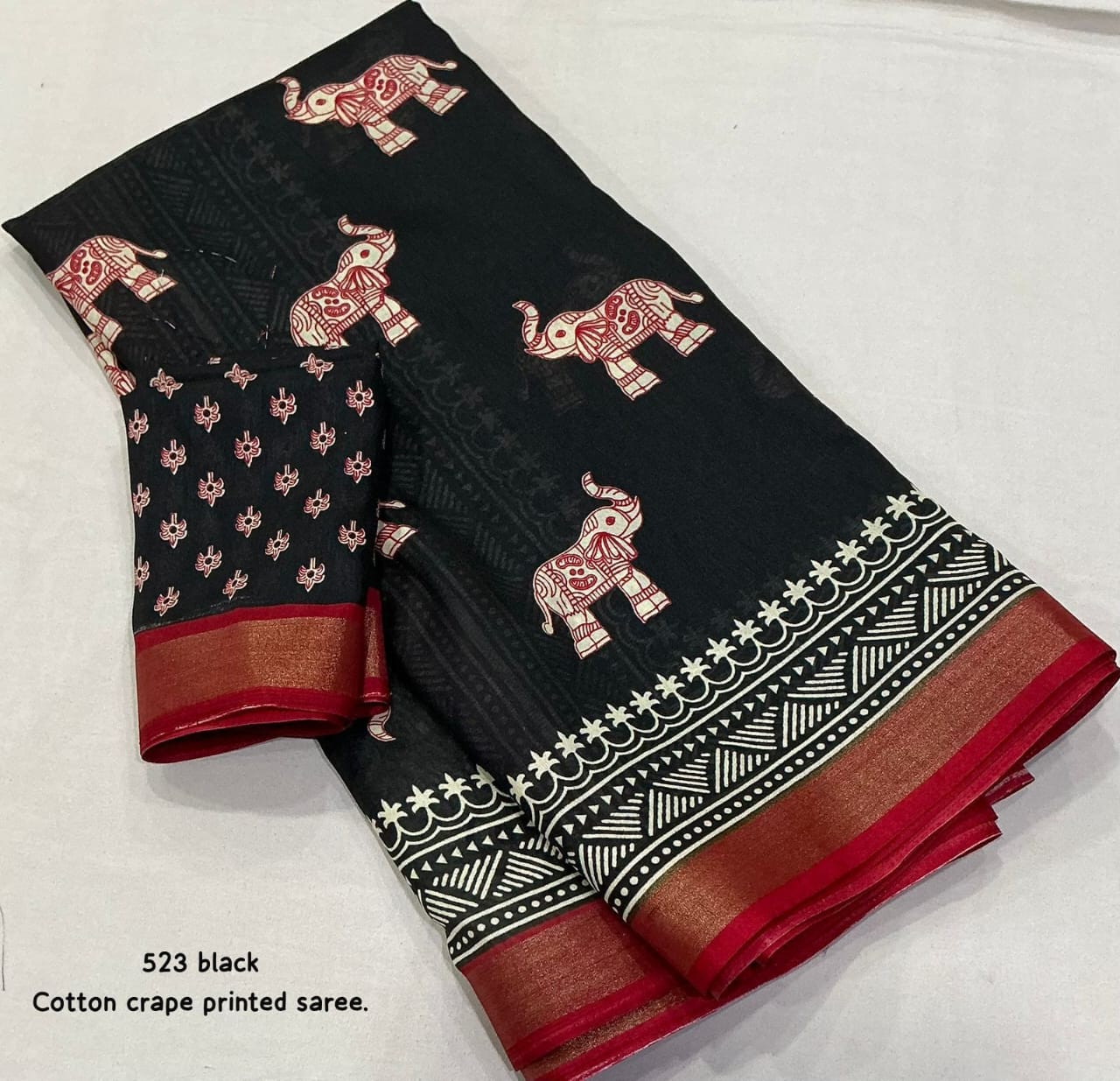 Black Bagru Printed Cotton Crape Saree | Soft Crape Saree with Zari Pattu Border & Running Blouse | Kadambari Collection