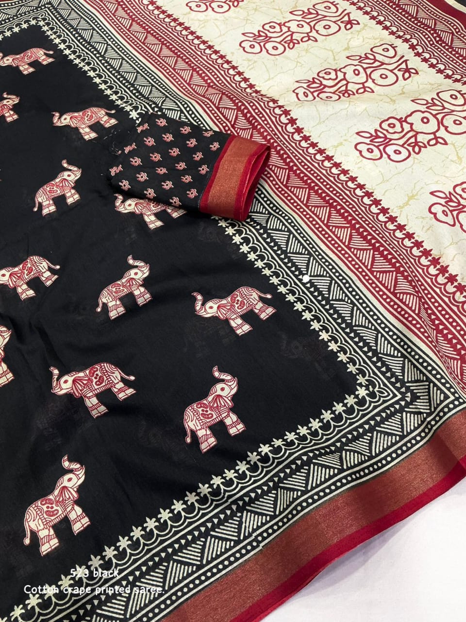 Black Bagru Printed Cotton Crape Saree | Soft Crape Saree with Zari Pattu Border & Running Blouse | Kadambari Collection