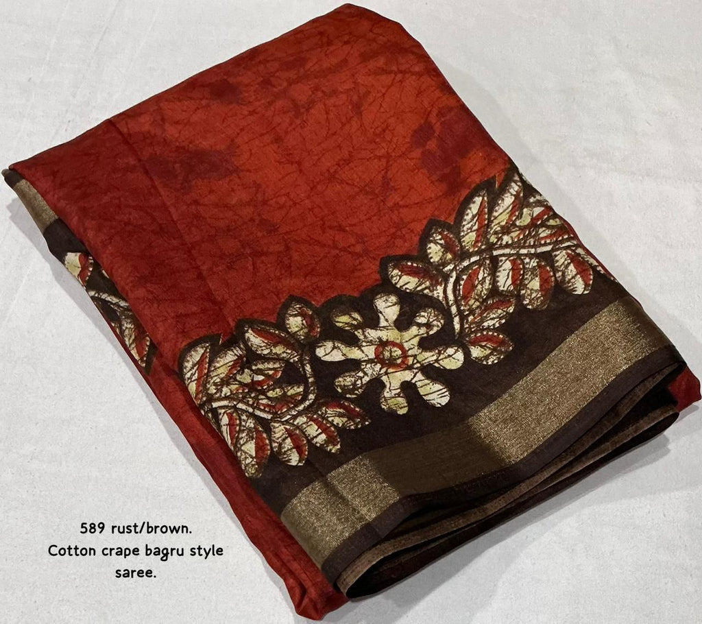 Rust/Brown Bagru Printed Cotton Crape Saree | Soft Crape Saree with Zari Border & Running Blouse | Kadambari Collection