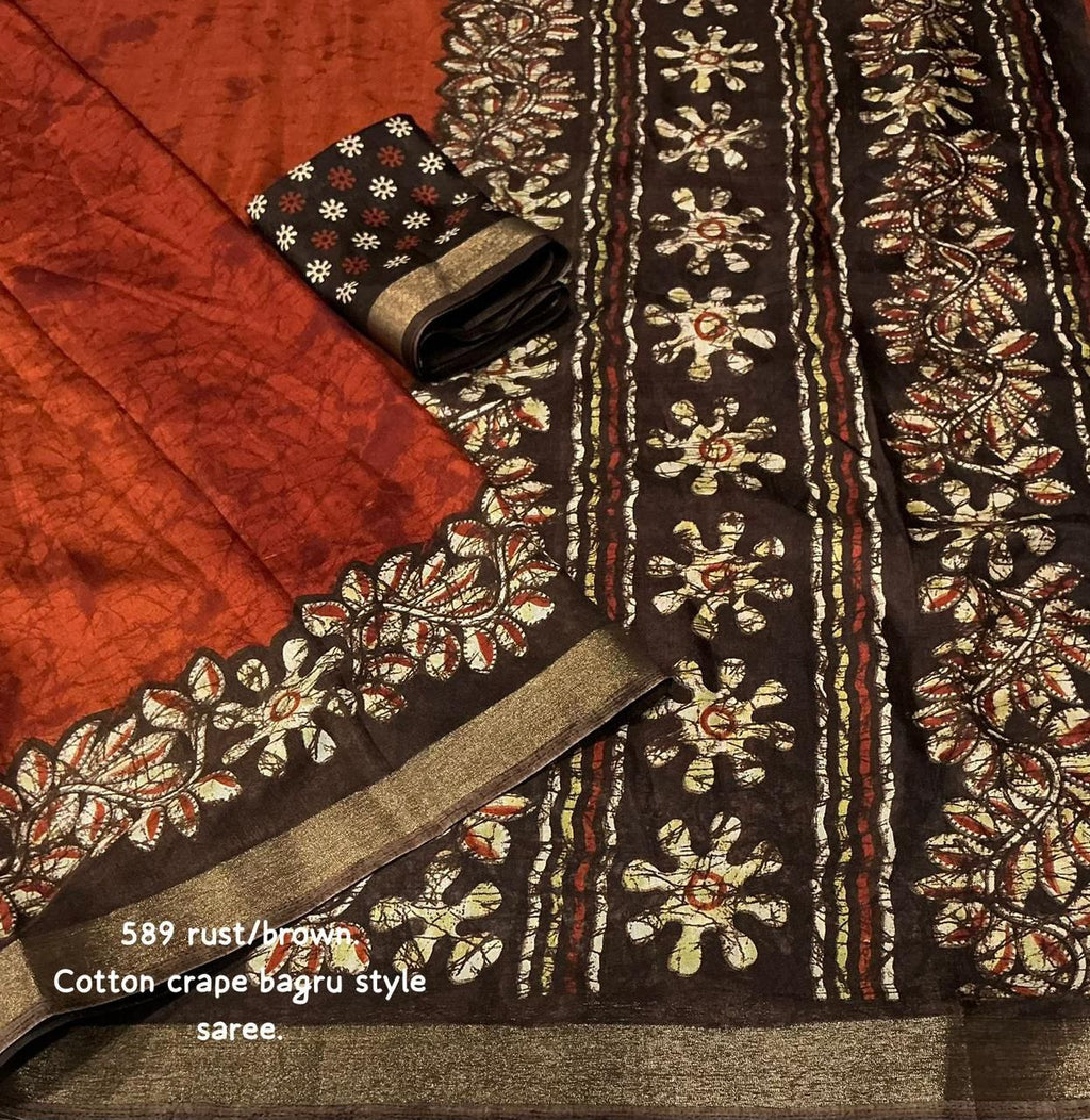Rust/Brown Bagru Printed Cotton Crape Saree | Soft Crape Saree with Zari Border & Running Blouse | Kadambari Collection