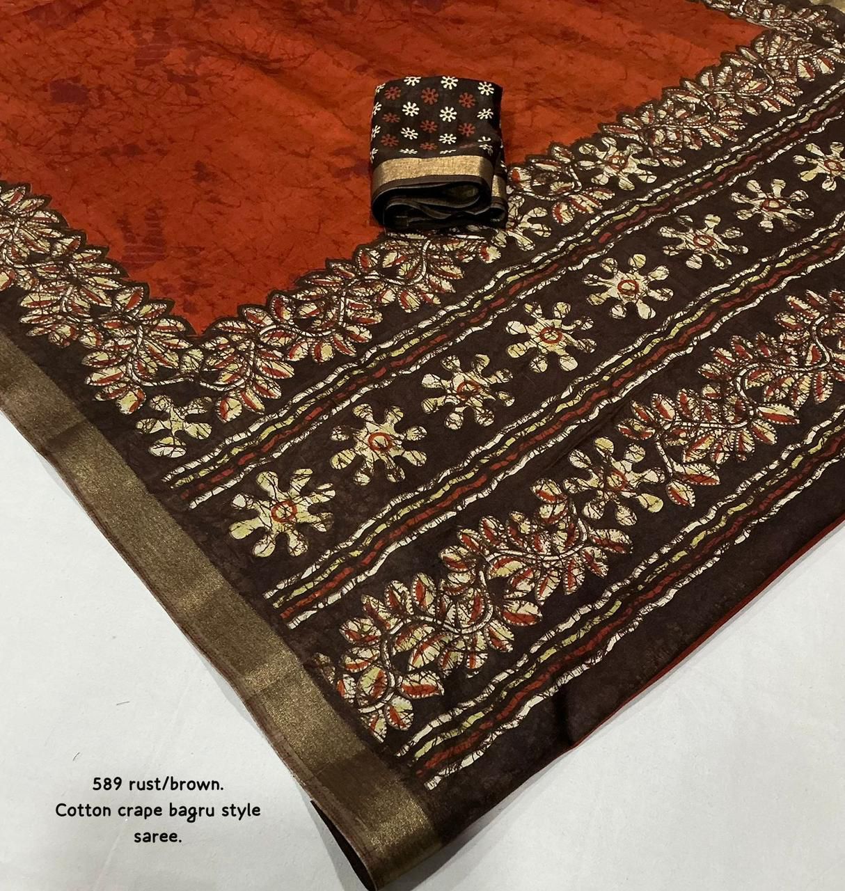 Rust/Brown Bagru Printed Cotton Crape Saree | Soft Crape Saree with Zari Border & Running Blouse | Kadambari Collection