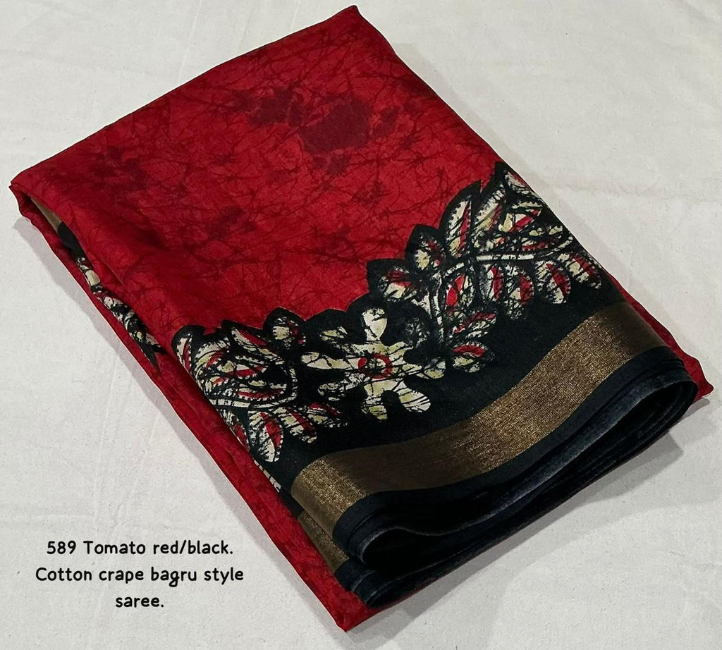 Tomato Red/Black Bagru Printed Cotton Crape Saree | Soft Crape Saree with Zari Pattu Border & Running Blouse | Kadambari Collection