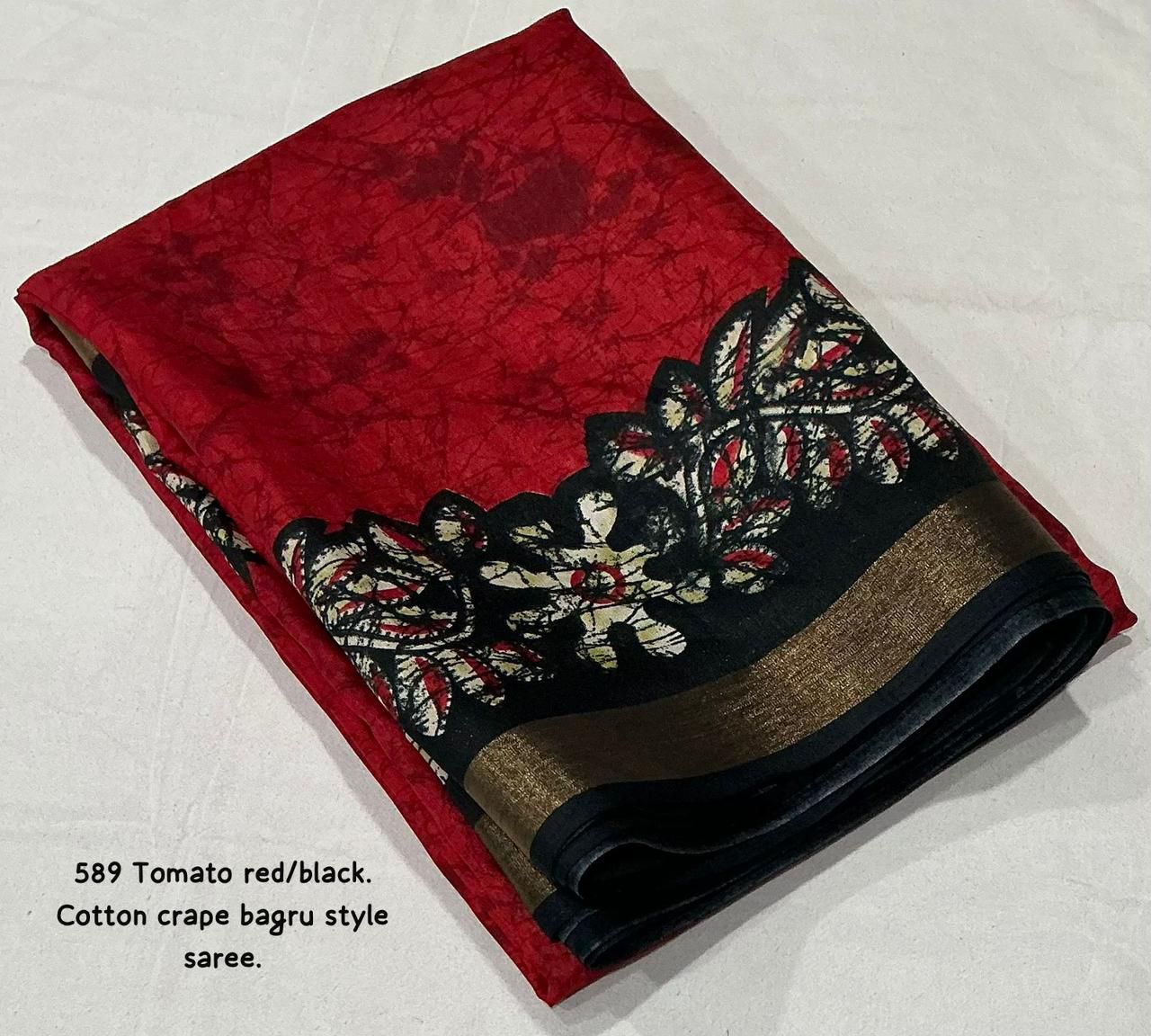 Tomato Red/Black Bagru Printed Cotton Crape Saree | Soft Crape Saree with Zari Pattu Border & Running Blouse | Kadambari Collection