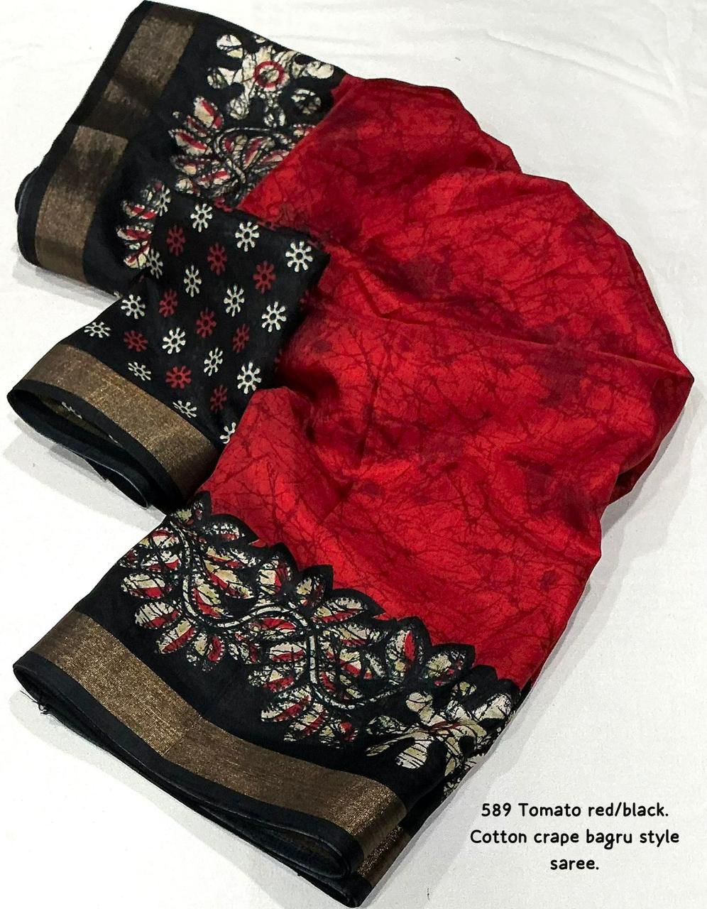 Tomato Red/Black Bagru Printed Cotton Crape Saree | Soft Crape Saree with Zari Pattu Border & Running Blouse | Kadambari Collection
