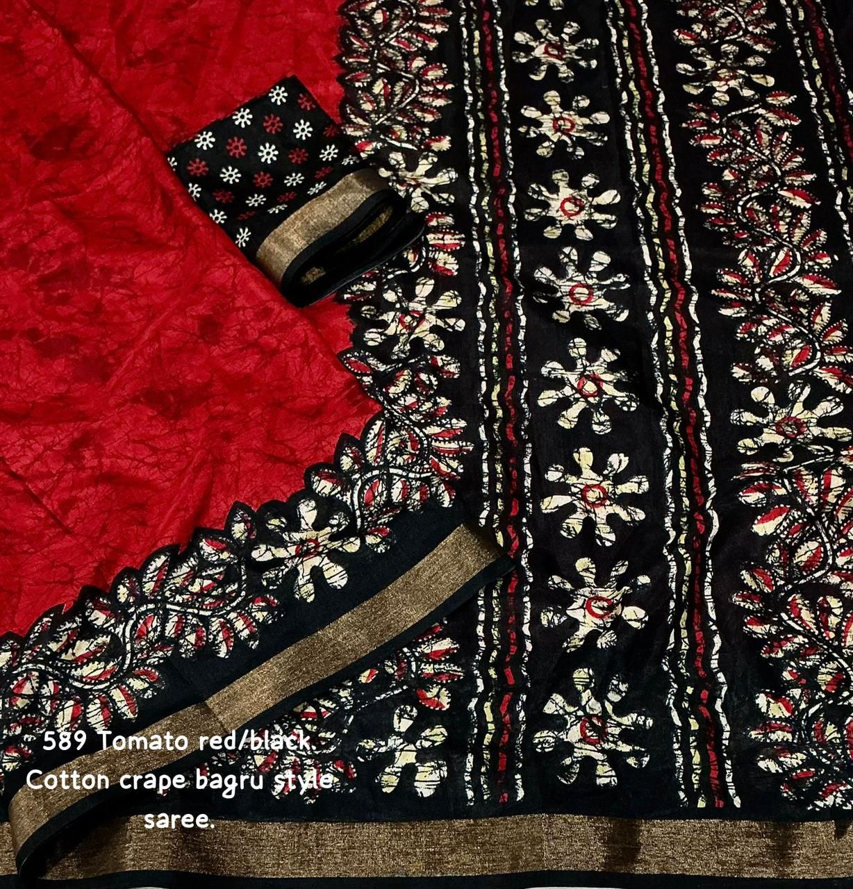 Tomato Red/Black Bagru Printed Cotton Crape Saree | Soft Crape Saree with Zari Pattu Border & Running Blouse | Kadambari Collection