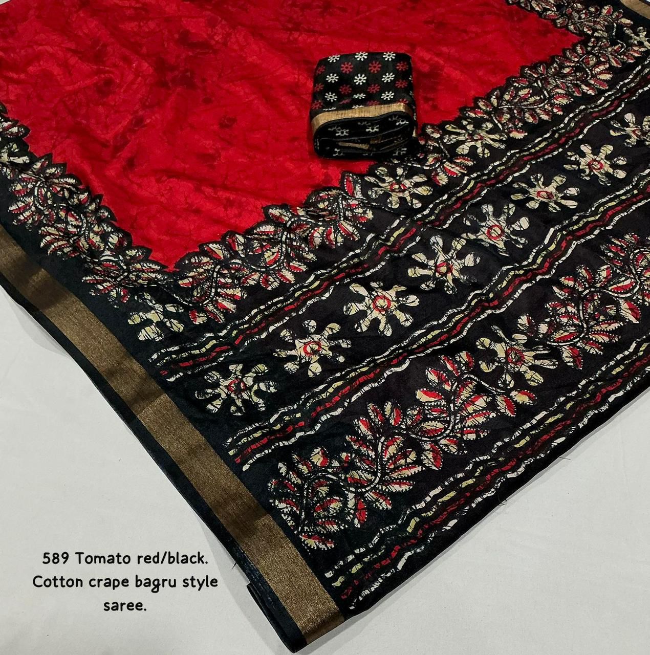 Tomato Red/Black Bagru Printed Cotton Crape Saree | Soft Crape Saree with Zari Pattu Border & Running Blouse | Kadambari Collection