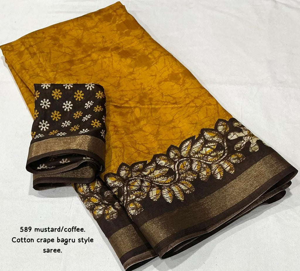 Mustard Coffee Bagru Printed Cotton Crape Saree | Soft Crape Saree with Zari Pattu Border & Running Blouse | Kadambari Collection