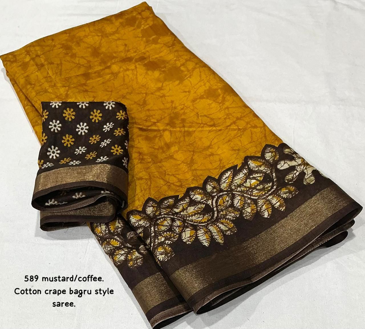 Mustard Coffee Bagru Printed Cotton Crape Saree | Soft Crape Saree with Zari Pattu Border & Running Blouse | Kadambari Collection