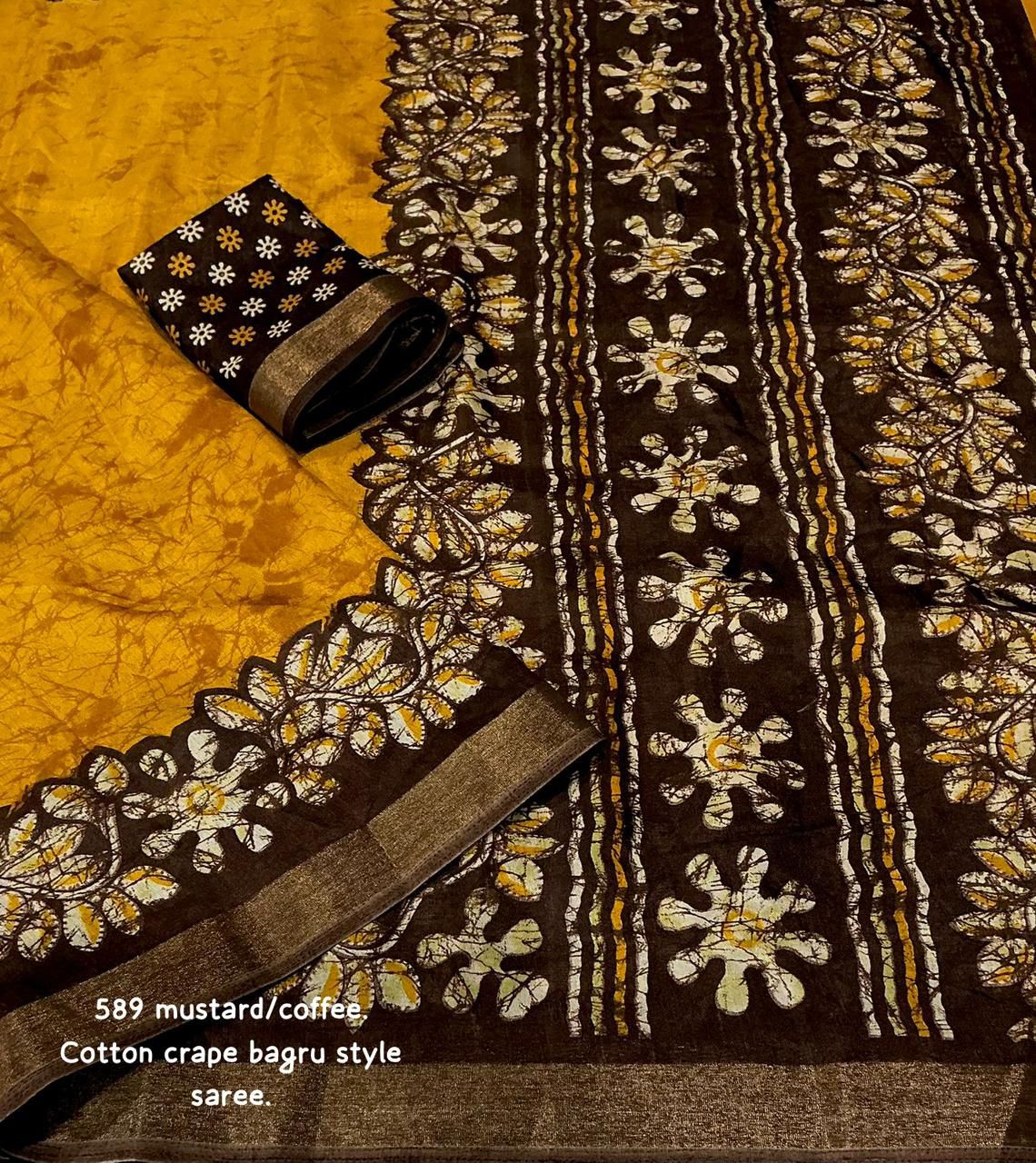 Mustard Coffee Bagru Printed Cotton Crape Saree | Soft Crape Saree with Zari Pattu Border & Running Blouse | Kadambari Collection