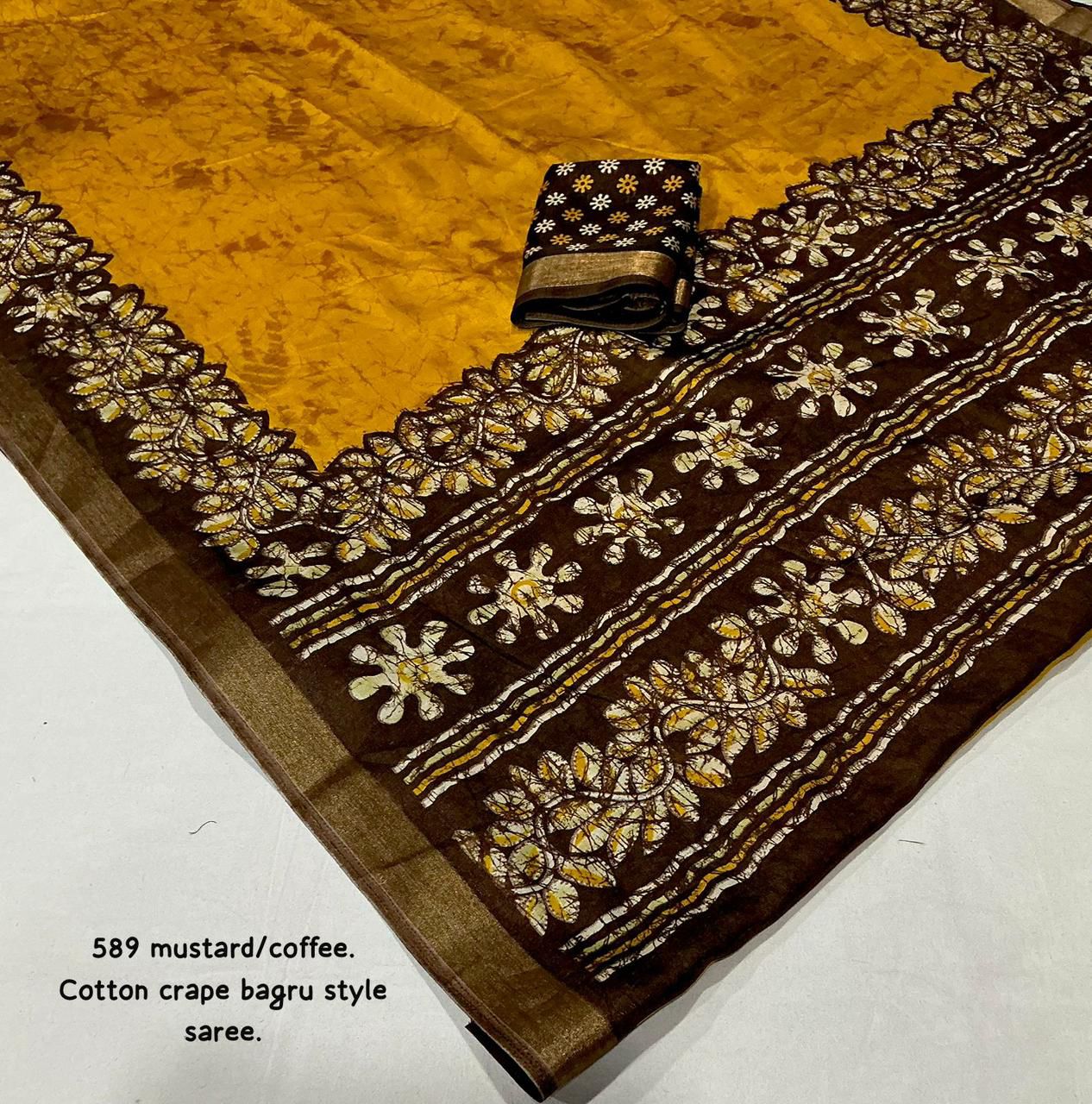 Mustard Coffee Bagru Printed Cotton Crape Saree | Soft Crape Saree with Zari Pattu Border & Running Blouse | Kadambari Collection