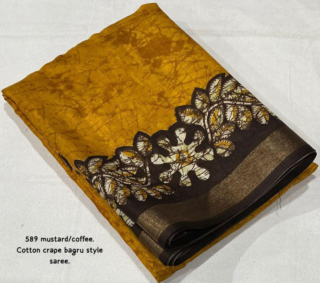 Mustard Coffee Bagru Printed Cotton Crape Saree | Soft Crape Saree with Zari Pattu Border & Running Blouse | Kadambari Collection