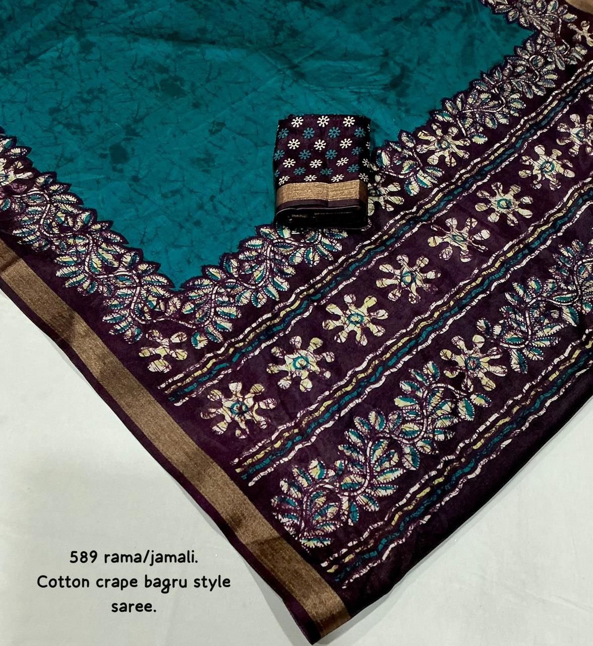 Rama Jamali Bagru Printed Cotton Crape Saree | Soft Crape Saree with Zari Pattu Border & Running Blouse | Kadambari Collection