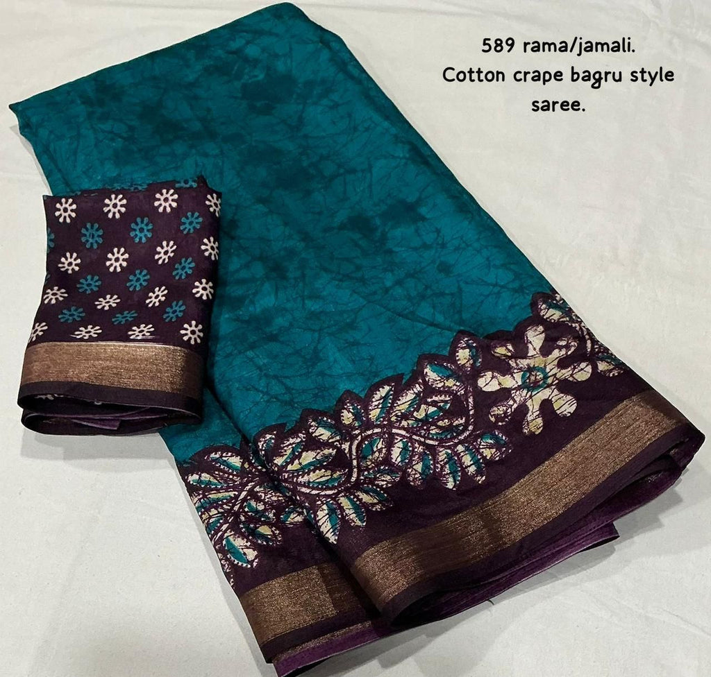 Rama Jamali Bagru Printed Cotton Crape Saree | Soft Crape Saree with Zari Pattu Border & Running Blouse | Kadambari Collection