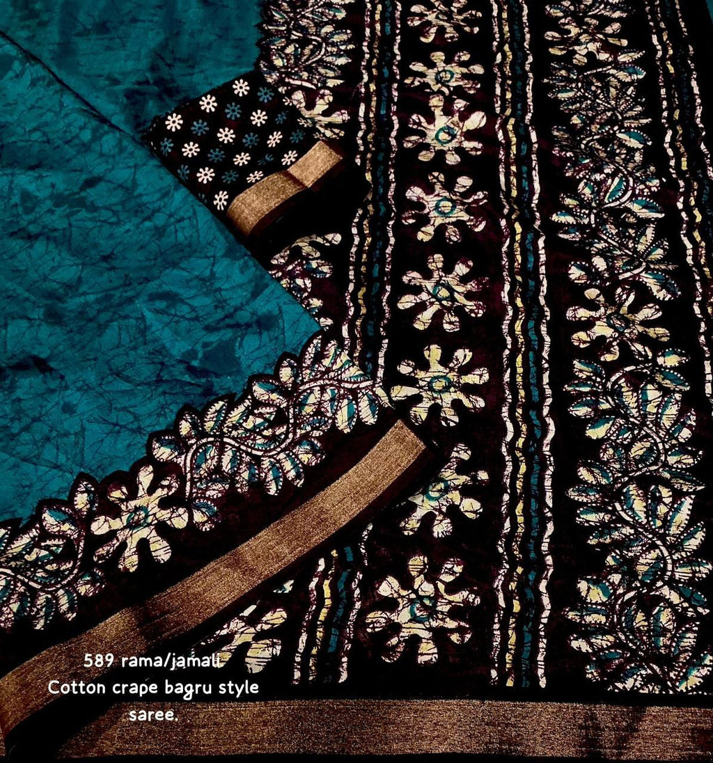 Rama Jamali Bagru Printed Cotton Crape Saree | Soft Crape Saree with Zari Pattu Border & Running Blouse | Kadambari Collection