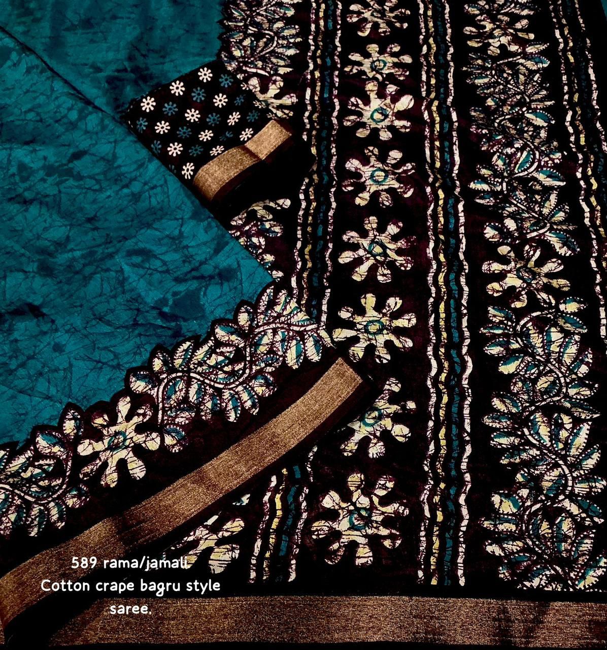 Rama Jamali Bagru Printed Cotton Crape Saree | Soft Crape Saree with Zari Pattu Border & Running Blouse | Kadambari Collection