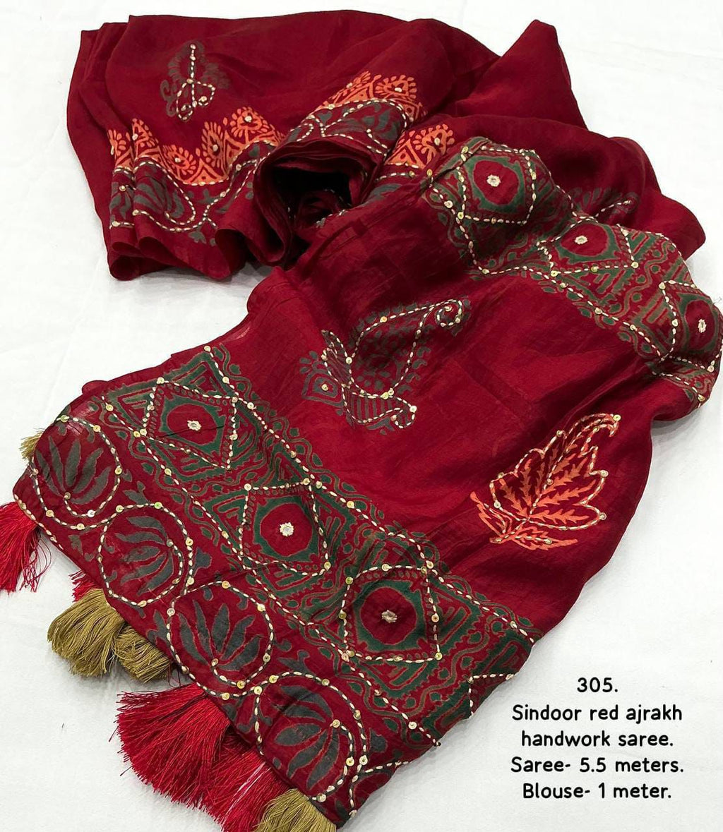 Ajrakh Hand Kaatha Work Saree | Pure Chanderi Hand Block Print Saree with Kaatha Embroidery & Tassels | Artisan Handcrafted Collection