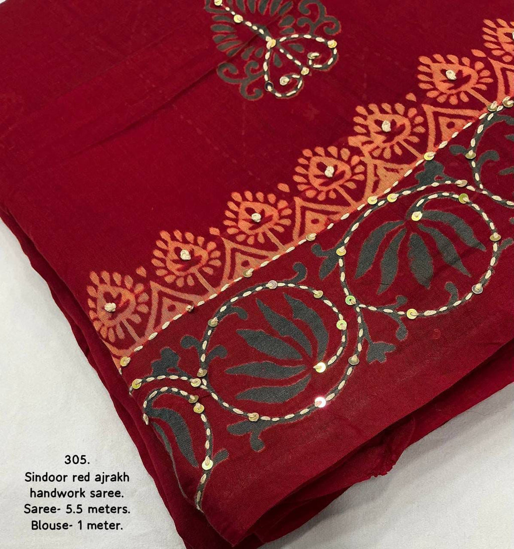 Ajrakh Hand Kaatha Work Saree | Pure Chanderi Hand Block Print Saree with Kaatha Embroidery & Tassels | Artisan Handcrafted Collection