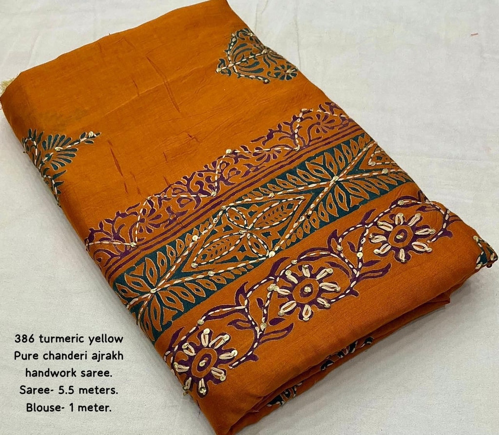 Ajrakh Hand Kaatha Work Saree | Pure Chanderi Hand Block Printed Saree with Kaatha Embroidery & Tassel Pallu | Premium Handcrafted Saree