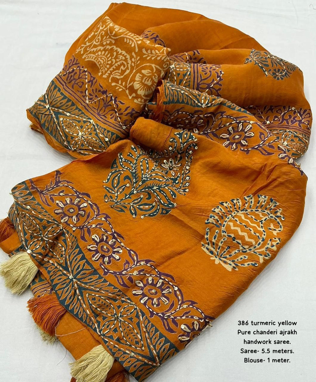 Ajrakh Hand Kaatha Work Saree | Pure Chanderi Hand Block Printed Saree with Kaatha Embroidery & Tassel Pallu | Premium Handcrafted Saree