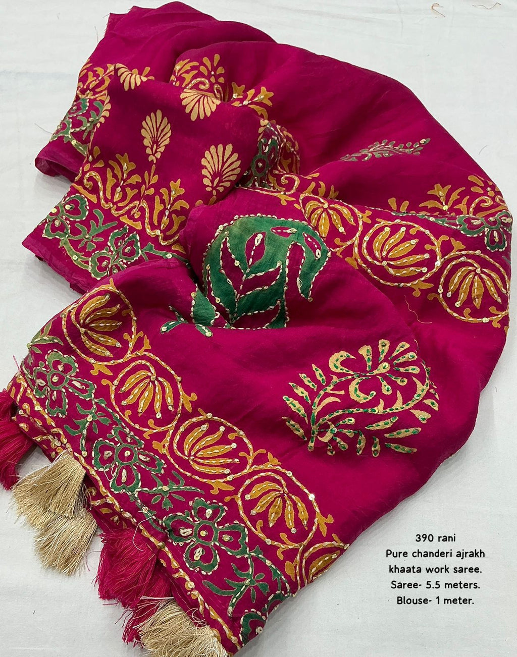 AK 390 Rani Ajrakh Kaatha Work Saree | Pure Chanderi Hand Block Print Saree with Kaatha Embroidery & Tassel Pallu | Handcrafted Premium Saree