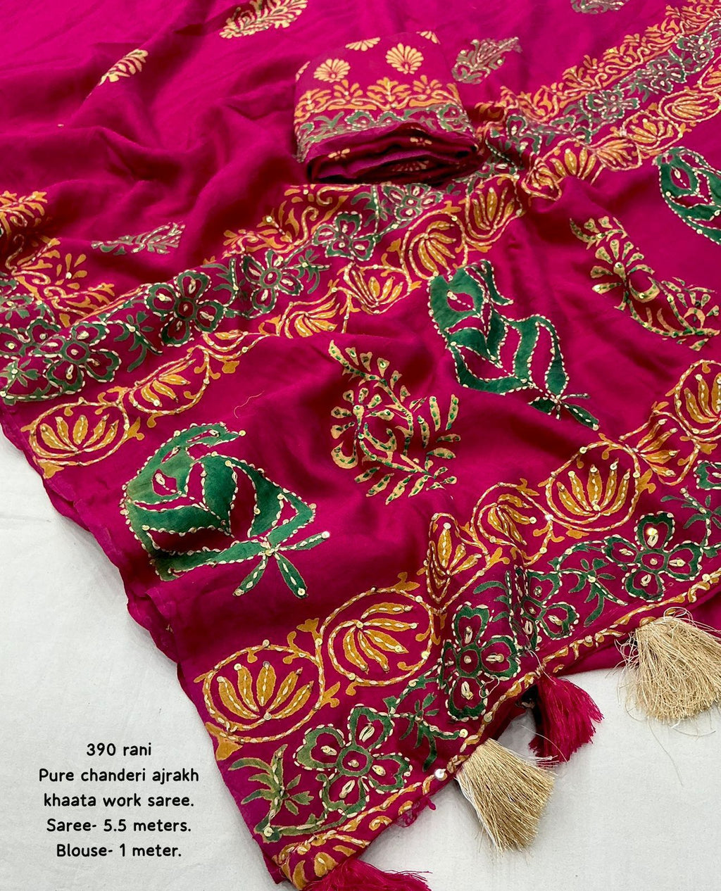 AK 390 Rani Ajrakh Kaatha Work Saree | Pure Chanderi Hand Block Print Saree with Kaatha Embroidery & Tassel Pallu | Handcrafted Premium Saree