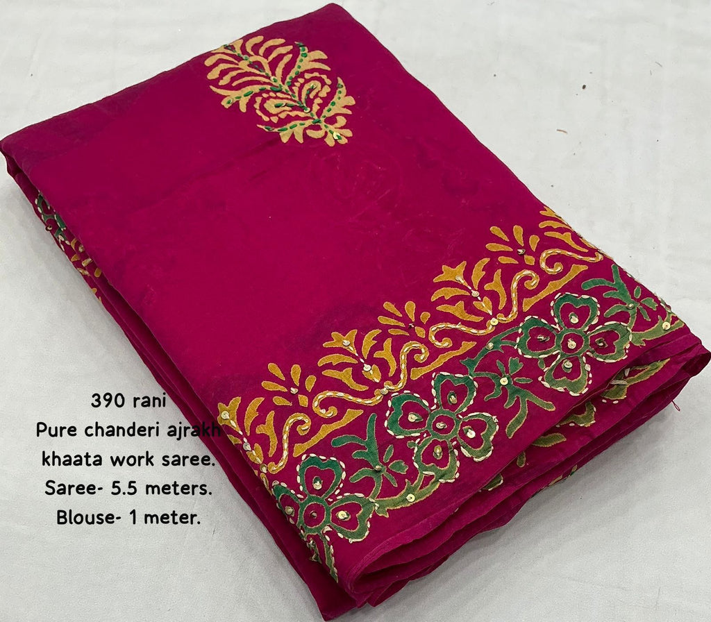 AK 390 Rani Ajrakh Kaatha Work Saree | Pure Chanderi Hand Block Print Saree with Kaatha Embroidery & Tassel Pallu | Handcrafted Premium Saree
